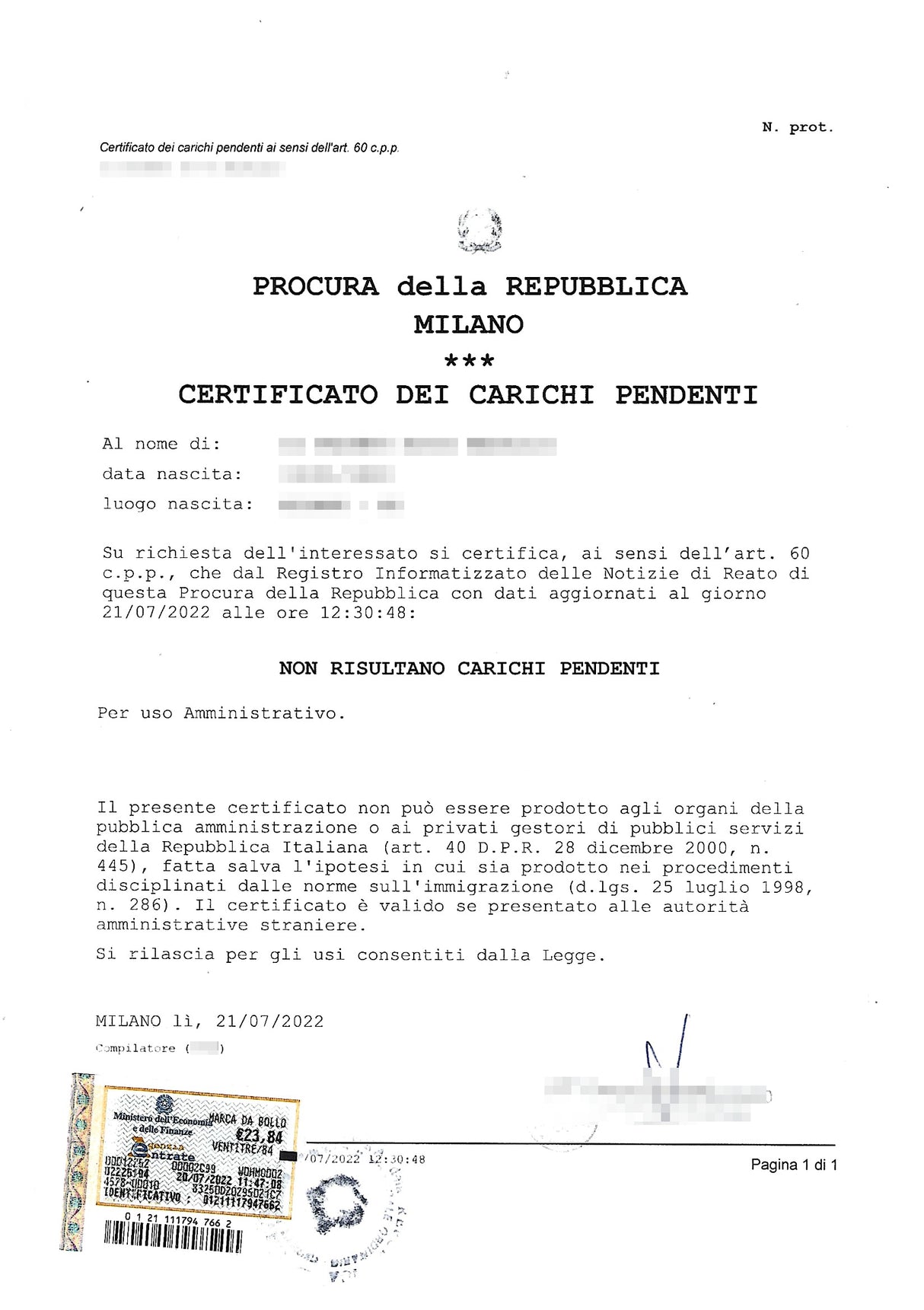 Certificato dei carichi pendenti Online
