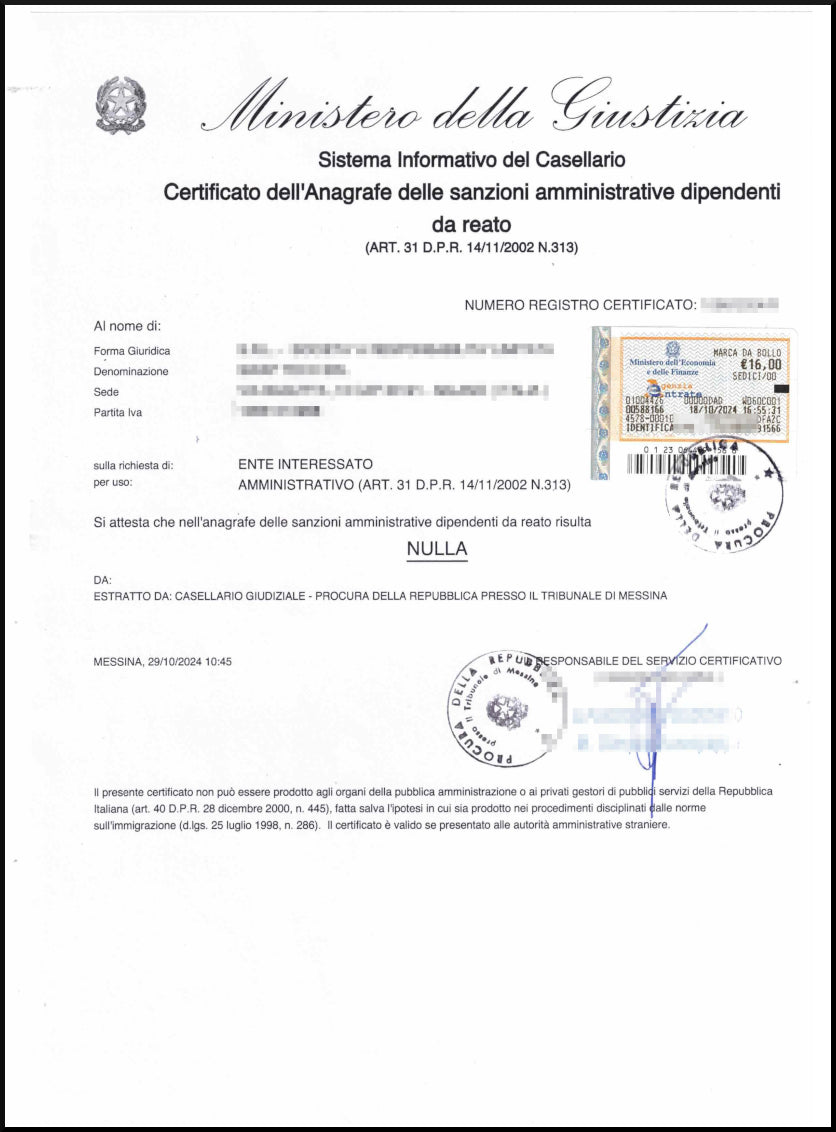 Certificato sanzioni amministrative