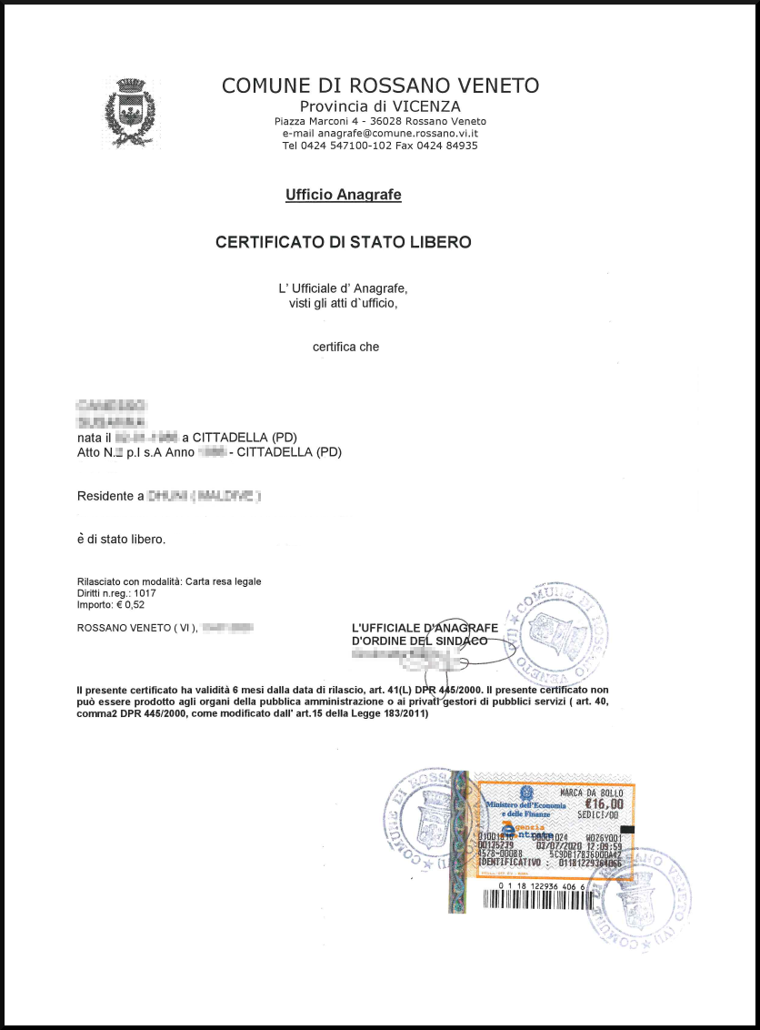 Certificate of free status Certificati e visure