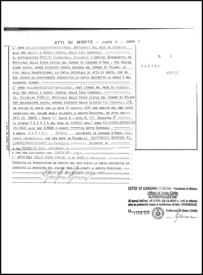 atto di morte Online in un click