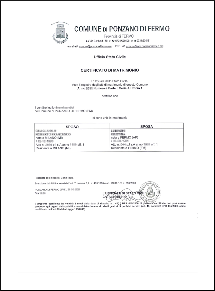 certificato di matrimonio Online