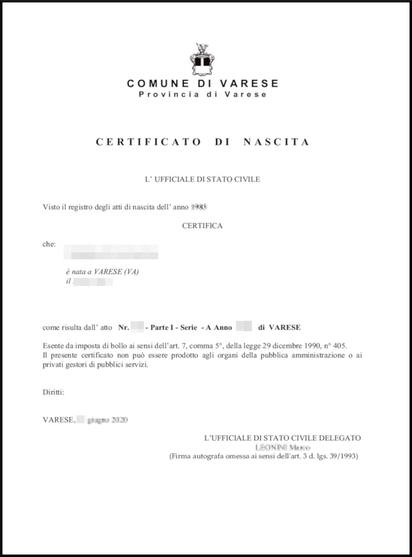 certificato di nascita Online in un click