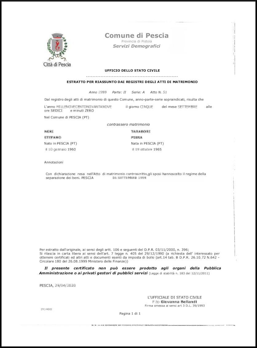 estratto di matrimonio Online in un click