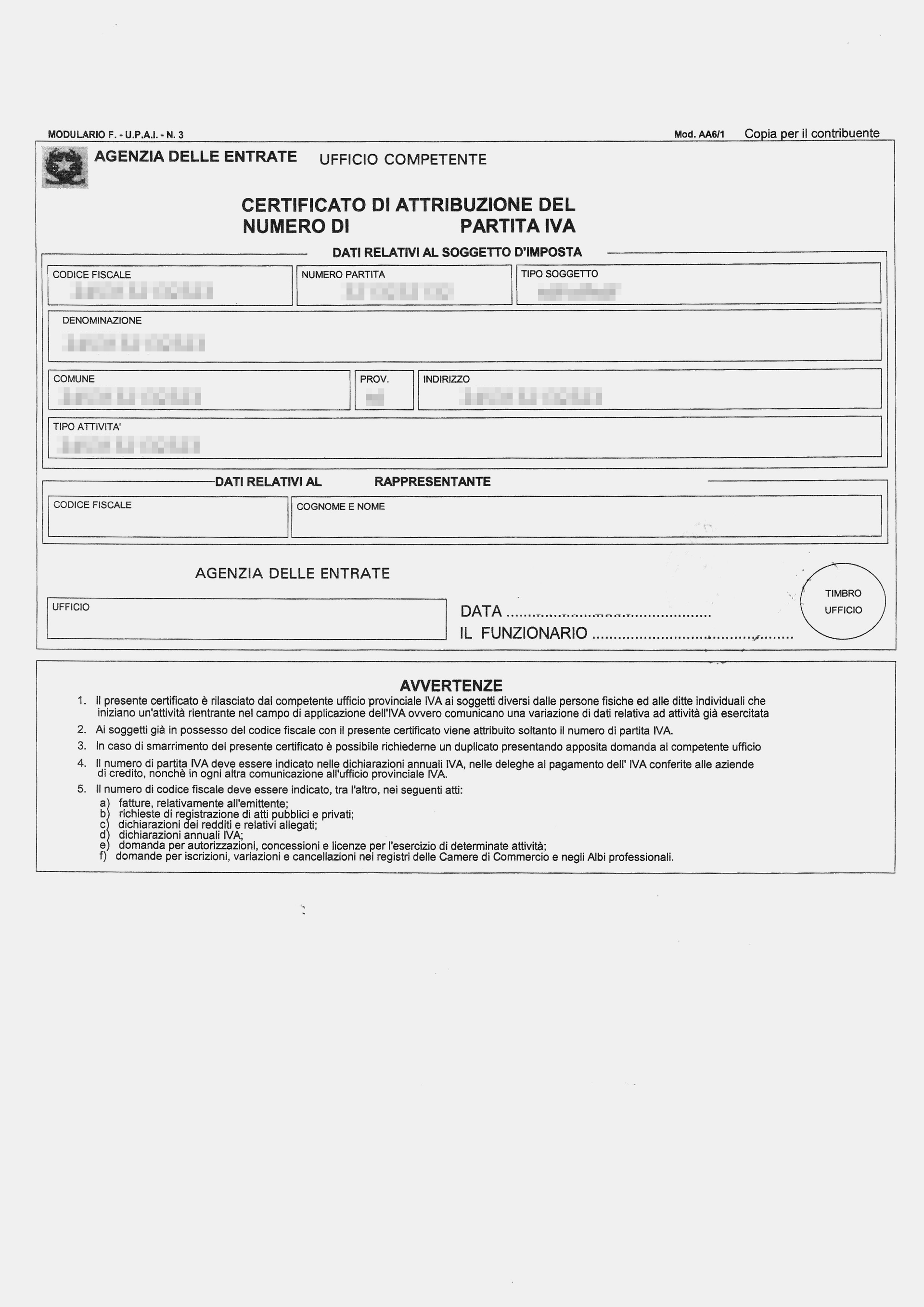 Certificato attribuzione partita iva